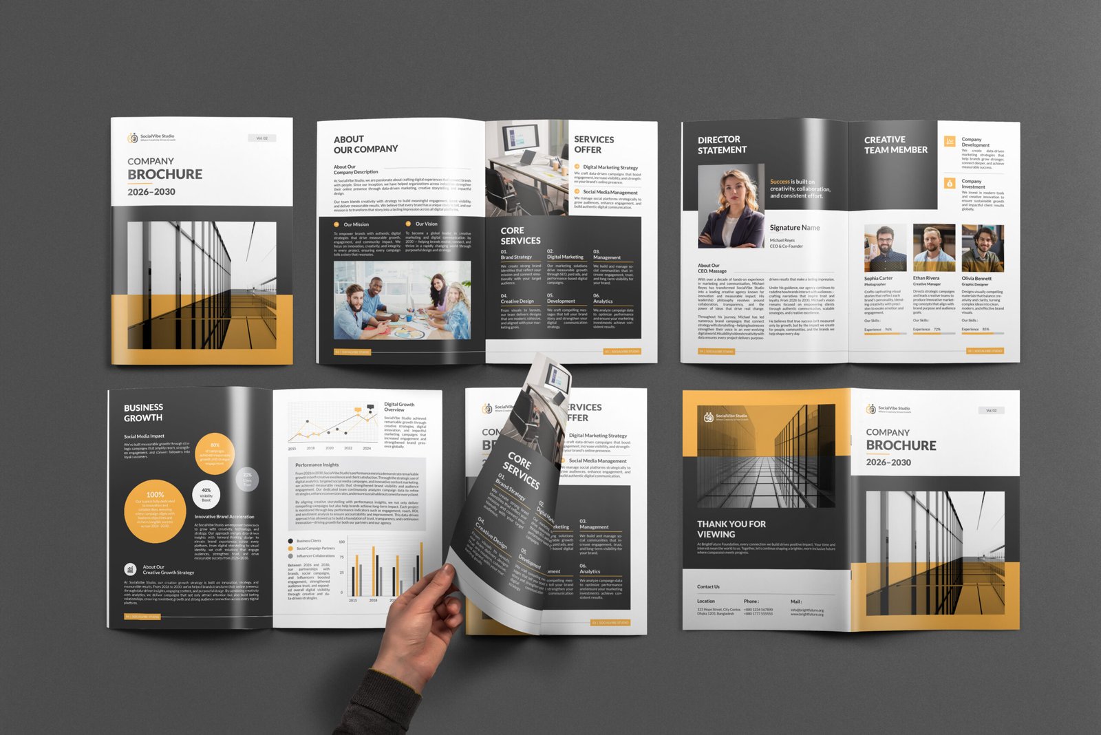 Creative marketing agency brochure design mockup with black and gold layouts