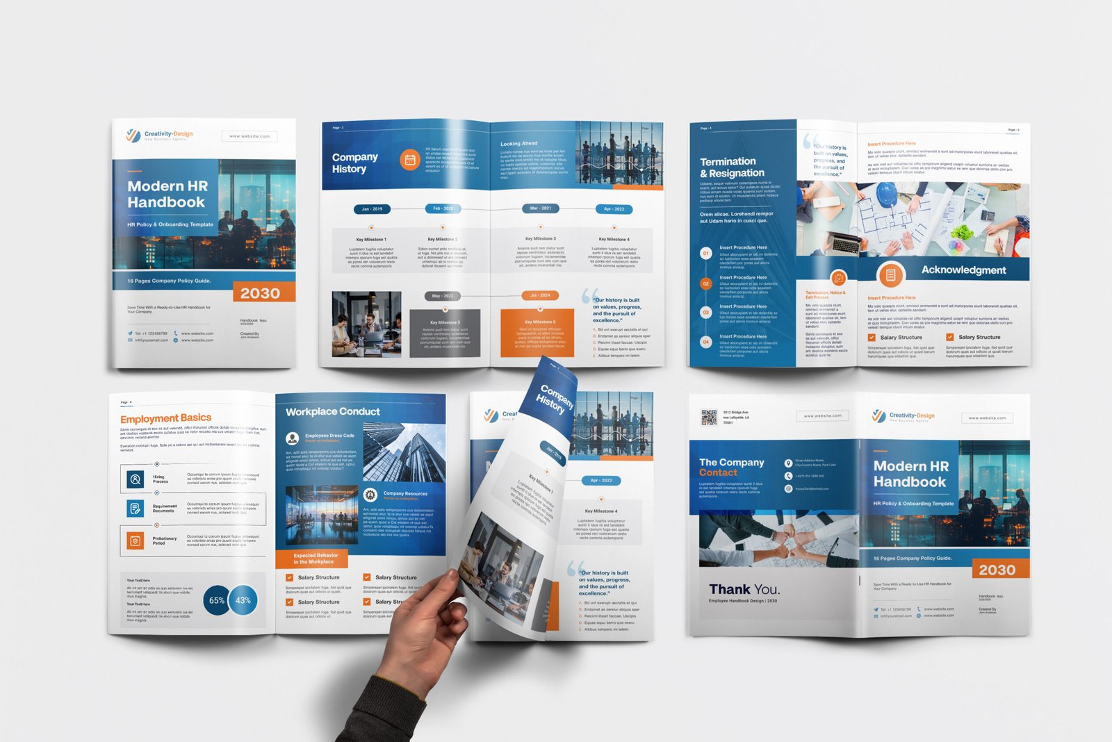 Corporate company profile design mockup with blue and orange layouts
