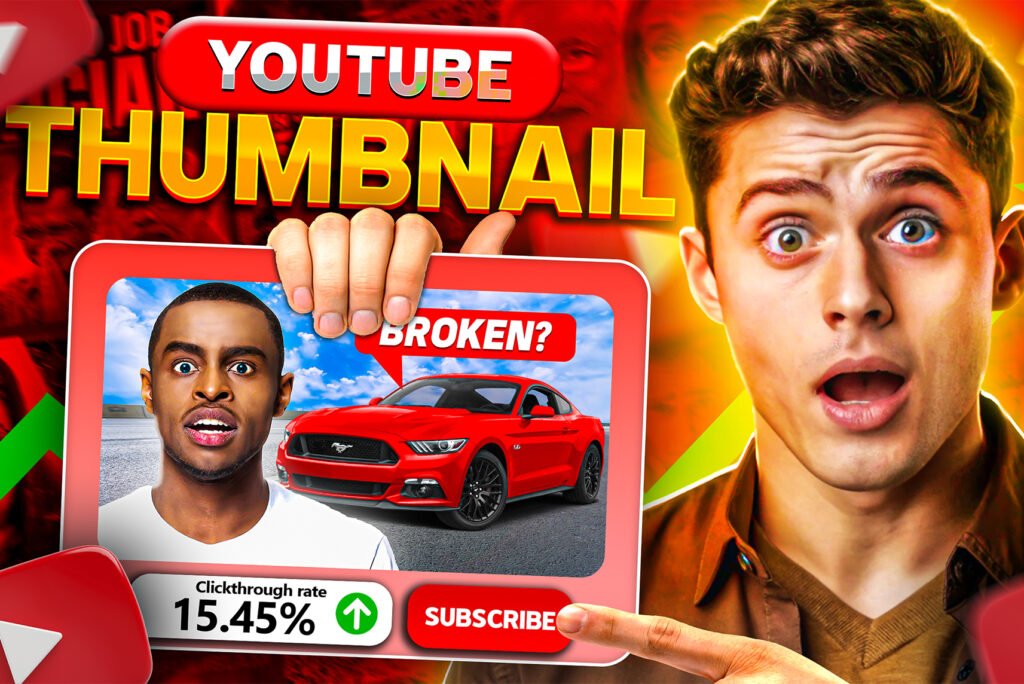 YouTube thumbnail design featuring a creator, red car and click-through rate graphic